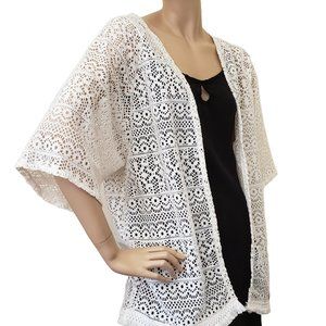 Gossip Fringed Crochet Kimono SZ M Cream/Ivory